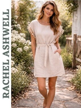Rachel Ashwell 100% Linen Tassel Sleeve Belted Dress Medium